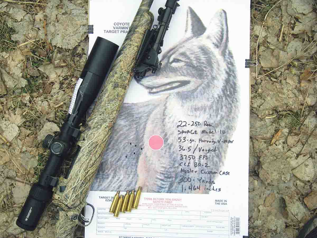 Brian strongly suggests field testing the rifle, cartridge and loads for accuracy, bullet drop, spin drift, etc., rather than relying on  ballistic charts. This five-shot group was fired at 300 yards using .22-250 Remington handloads.